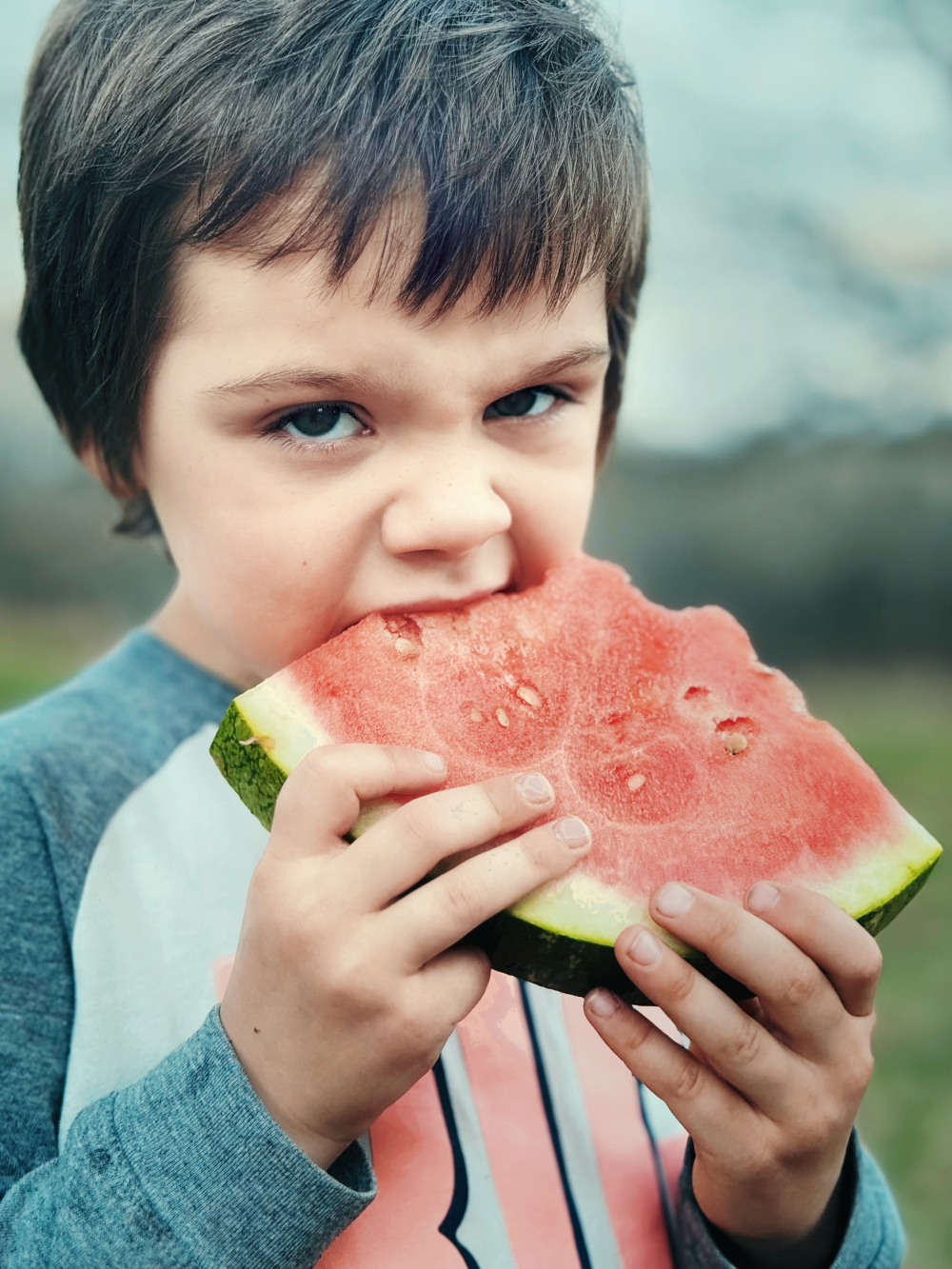 Family portrait outdoors with coordinated outfits